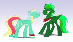 Size: 1429x820 | Tagged: safe, artist:scarlet-spectrum, oc, oc only, pegasus, pony, colored pupils, concave belly, duo, ears back, eye contact, floppy ears, folded wings, frown, gradient background, green eyes, hoofband, hooves, looking at each other, looking at someone, one ear down, pale belly, pegasus oc, shadow, singapore, slender, standing, tail, thin, two toned mane, two toned tail, watermark, wings, wristband
