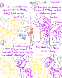 Size: 4779x6013 | Tagged: safe, artist:adorkabletwilightandfriends, fluttershy, twilight sparkle, oc, oc:pinenut, alicorn, cat, pegasus, pony, comic:adorkable twilight and friends, g4, adorkable, adorkable twilight, book, bookhorse, comic, cute, door, dork, excited, female, friendship, house, looking at each other, mare, shopping, smiling, smiling at each other, that pony sure does love books, twilight sparkle (alicorn), walking
