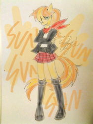 Size: 924x1232 | Tagged: safe, artist:gameboyred, oc, oc only, oc:sunny day, oc:sunny smile, earth pony, anthro, anthro oc, clothes, crossed arms, earth pony oc, female, skirt, solo, traditional art