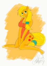 Size: 800x1117 | Tagged: safe, artist:gameboyred, applejack, earth pony, anthro, plantigrade anthro, breasts, busty applejack, cleavage, clothes, female, one-piece swimsuit, solo, swimsuit