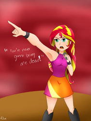 Size: 2104x2800 | Tagged: safe, artist:film77asq, sunset shimmer, equestria girls, g4, my little pony equestria girls: rainbow rocks, armpits, bare shoulders, clothes, female, high res, human coloration, microphone, open mouth, pointing, scene interpretation, singing, skirt, sleeveless, solo, sunset shimmer's skirt, welcome to the show