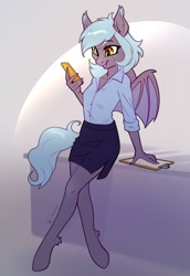Size: 1455x2109 | Tagged: safe, artist:taneysha, oc, oc only, oc:little mine, bat pony, anthro, unguligrade anthro, cellphone, clipboard, clothes, phone, skirt, solo