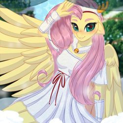 Size: 3000x3000 | Tagged: safe, artist:auroracursed, fluttershy, pegasus, anthro, g4, christmas, clothes, cute, dress, female, high res, holiday, mare, shy, shyabetes, skirt, smiling, solo