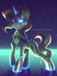 Size: 750x1000 | Tagged: safe, artist:shad0w-galaxy, sunset shimmer, cyborg, pony, unicorn, g4, chest fluff, choker, clothes, female, glowing, glowing eyes, glowing horn, grin, horn, jacket, leather jacket, mare, raised hoof, slender, smiling, thin