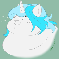Size: 614x614 | Tagged: safe, artist:necrofeline, oc, oc only, oc:snowy night, pony, unicorn, bust, cute, eyes closed, fat, female, freckles, green background, horn, morbidly obese, obese, simple background, solo, unicorn oc