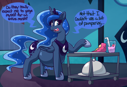 Size: 3948x2720 | Tagged: safe, artist:graphenescloset, princess luna, alicorn, pony, series:luna's blubbering, g4, belly, belly noises, big belly, bloated, cake, crown, dialogue, drink, ethereal mane, fat, female, food, high res, incentive drive, jewelry, mare, princess moonpig, regalia, solo, starry mane, starry tail, stomach noise, tail, this will end in weight gain, weight gain, weight gain sequence
