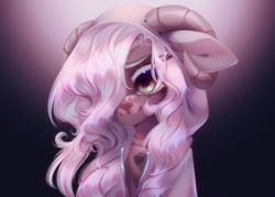 Size: 2326x1669 | Tagged: oc name needed, safe, artist:shenki, oc, oc only, ambiguous species, pony, :3, bandaid, bandaid on nose, bust, eyebrows, eyelashes, goat horns, gradient background, hair over one eye, heart, hood, horns, looking at you, portrait, smiling, smirk, solo, white eyebrows, white eyelashes, zipper