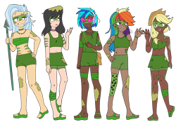 Size: 4096x2857 | Tagged: safe, artist:icicle-niceicle-1517, artist:panimeko, color edit, edit, applejack, dj pon-3, octavia melody, rainbow dash, trixie, vinyl scratch, human, g4, alternate hairstyle, alternate timeline, alternate universe, applejack's hat, bag, bandage, belly button, bowtie, camouflage, choker, chrysalis resistance timeline, clothes, collaboration, colored, cowboy hat, dark skin, dirt, ear piercing, earring, feet, female, glasses, grin, gritted teeth, hat, headphones, humanized, jewelry, midriff, mud, open mouth, piercing, sandals, shirt, shorts, simple background, skirt, smiling, spear, t-shirt, tank top, transparent background, vinyl's glasses, weapon