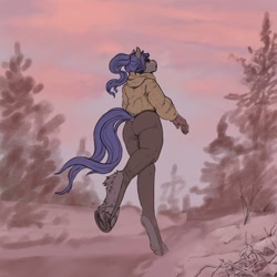 Size: 2048x2048 | Tagged: safe, artist:oops, oc, oc only, earth pony, anthro, unguligrade anthro, ass, butt, clothes, dock, high res, hoodie, horseshoes, low angle, pants, ponytail, solo, tail, walking, winter