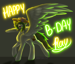 Size: 2364x2028 | Tagged: safe, artist:sparkie45, oc, oc:ray of hope, pegasus, pony, bread, cute, eyestrain warning, food, glowing, happy birthday, hat, high res, male, needs more saturation, ocbetes, solo, spread wings, stallion, wings