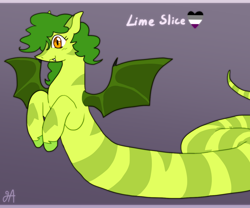 Size: 1200x997 | Tagged: safe, artist:greenarsonist, oc, oc only, oc:lime slice, bat pony, hybrid, lamia, original species, pony, snake, snake pony, asexual, asexual pride flag, bat pony oc, bat wings, hybrid oc, pride, pride flag, smiling, solo, spread wings, tooth, unshorn fetlocks, wings
