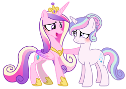 Size: 1280x908 | Tagged: safe, artist:princess-kitsune-tsu, princess cadance, oc, oc:bundle joy, alicorn, pony, unicorn, g4, base used, blushing, clothes, colored wings, crown, female, gradient mane, gradient wings, horn, jewelry, looking at each other, looking at someone, mare, open mouth, open smile, regalia, shoes, simple background, smiling, transparent background, wings
