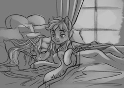 Size: 892x635 | Tagged: artist needed, source needed, safe, princess celestia, oc, oc:light knight, alicorn, pegasus, pony, g4, bed, canon x oc, duo, female, folded wings, grayscale, lightestia, love, male, monochrome, on bed, pegasus oc, sketch, spread wings, straight, window, wings