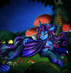 Size: 3395x3472 | Tagged: safe, artist:pridark, oc, oc only, oc:tutti frutti/brain, cuttlefish, hybrid, pony, commission, grass, high res, mushroom, night, night sky, scenery, sky, solo, tree