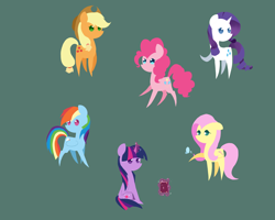 Size: 2500x2000 | Tagged: safe, artist:larix-u, applejack, fluttershy, pinkie pie, rainbow dash, rarity, twilight sparkle, alicorn, butterfly, earth pony, pegasus, pony, unicorn, g4, book, female, folded wings, glowing, glowing horn, green background, high res, horn, magic, magic aura, mane six, mare, pointy ponies, simple background, twilight sparkle (alicorn), wings
