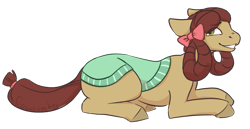 Size: 1151x593 | Tagged: safe, artist:cowcumber, yona, earth pony, pony, g4, she's all yak, eye clipping through hair, eyebrows, eyebrows visible through hair, female, grin, lying down, mare, ponified, pony yona, prone, simple background, smiling, solo, species swap, transparent background