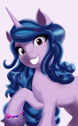 Size: 3692x6000 | Tagged: safe, artist:theroyalprincesses, izzy moonbow, pony, unicorn, g5, my little pony: a new generation, absurd resolution, eye clipping through hair, eyebrows, eyebrows visible through hair, female, grin, looking at you, mare, raised hoof, simple background, smiling, smiling at you, solo, white background