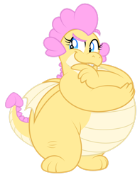 Size: 1600x2026 | Tagged: safe, artist:aleximusprime, oc, oc:buttercream, oc:buttercream the dragon, dragon, flurry heart's story, belly, big belly, chonk, chubby, cute, devious, dragon oc, dragoness, fat, female, heart shaped, looking sideways, mischievous, raised eyebrow, scheming, simple background, solo, thinking, transparent background