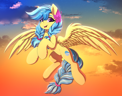 Size: 2275x1786 | Tagged: safe, artist:ask-colorsound, oc, oc only, oc:jeppesen, pegasus, pony, braid, braided tail, cloud, commission, cute, feather, female, flower, flower in hair, looking at you, mare, multicolored hair, pegasus oc, purple eyes, sky, solo, spread wings, sunset, tail, twin braids, wings, ych result, yellow fur