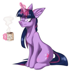 Size: 1024x1014 | Tagged: safe, artist:dreamy-kitty, twilight sparkle, pony, unicorn, g4, coffee, coffee mug, female, glowing, glowing horn, horn, magic, mare, mug, signature, simple background, sitting, solo, telekinesis, unicorn twilight