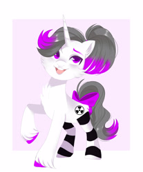 Size: 3000x3625 | Tagged: safe, artist:irusumau, oc, oc only, oc:hazel radiate, pony, unicorn, blushing, bow, cheek fluff, chest fluff, clothes, colored hooves, cute, ear fluff, eyebrows, eyelashes, female, hair over one eye, high res, highlights, horn, mare, open mouth, open smile, passepartout, ponytail, purple eyes, request, simple background, smiling, socks, solo, striped socks, tail, tail bow, teeth, unicorn oc, unshorn fetlocks, white background