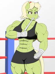 Size: 1800x2382 | Tagged: safe, artist:matchstickman, granny smith, anthro, g4, abs, boxing, boxing ring, clothes, compression shorts, female, granny smash, muscles, muscular female, solo, sports, sports bra, taped fists, young granny smith, younger