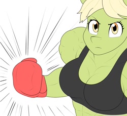 Size: 1345x1231 | Tagged: safe, artist:matchstickman, granny smith, anthro, g4, boxing, boxing gloves, breasts, clothes, female, fight, granny smash, muscles, muscular female, offscreen character, pov, punch, serious, serious face, solo, sports, sports bra, young granny smith, younger