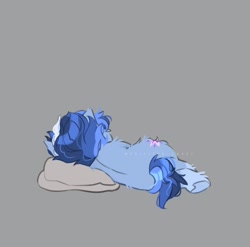 Size: 754x744 | Tagged: safe, artist:sannateacupss, oc, oc only, oc:galaxy, earth pony, pony, earth pony oc, facing away, female, gray background, lying down, mare, on side, pillow, simple background, solo, underhoof