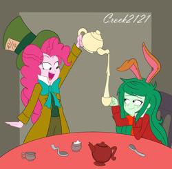 Size: 1280x1262 | Tagged: safe, artist:crock2121, pinkie pie, wallflower blush, equestria girls, g4, alice in wonderland, bunny ears, cup, female, lesbian, mad hatter, march hare, pinkieflower, shipping, tea party, teacup, wallflower bunny
