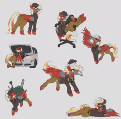 Size: 3000x2926 | Tagged: safe, alternate version, artist:nsilverdraws, oc, oc only, oc:ember, oc:ember (ignis), pegasus, pony, cap, car, chainsaw, chair, clothes, goggles, hat, high res, jacket, lying down, mechanic, pants, solo, spread wings, wings