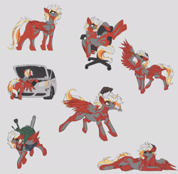 Size: 3000x2926 | Tagged: safe, alternate version, artist:nsilverdraws, oc, oc only, oc:ember, oc:ember (ignis), pegasus, pony, cap, car, chainsaw, chair, hat, high res, lying down, mechanic, solo, spread wings, wings