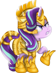 Size: 2819x3712 | Tagged: safe, artist:php178, gameloft, starlight glimmer, pony, unicorn, a matter of principals, g4, my little pony: the movie, .svg available, armor, armored pony, battle stance, blue eyes, colored pupils, decoration, design, female, flourish, focus, focused, frown, gameloft interpretation, gold, golden armor, helmet, high res, highlights, horn, horn guard (armor), inkscape, looking up, mare, movie accurate, narrowed eyes, protecting, raised hoof, serious, serious face, shading, shadow, shine, shiny, solo, stance, standing, svg, tail, tail band, teeth, vector