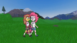 Size: 1280x720 | Tagged: safe, pinkie pie, sunset shimmer, equestria girls, g4, bag, camp everfree outfits, eddy misbehaves at camp goville, female, goanimate, lesbian, roblox, ship:sunsetpie, shipping, talking, walking