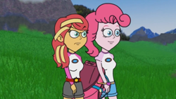 Size: 1280x720 | Tagged: safe, pinkie pie, sunset shimmer, equestria girls, g4, angry, bag, camp everfree outfits, eddy misbehaves at camp goville, female, goanimate, happy, lesbian, roblox, ship:sunsetpie, shipping, walking, walking away