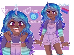 Size: 2160x1620 | Tagged: safe, artist:diameltzowo, izzy moonbow, human, unicorn, g5, my little pony: a new generation, bisexual, bisexual pride flag, clothes, cute, dark skin, female, headcanon, horn, horned humanization, humanized, izzybetes, lgbt headcanon, open mouth, overalls, pride, pride flag, purple background, sexuality headcanon, simple background, solo