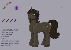 Size: 3500x2460 | Tagged: safe, artist:valdemar, oc, oc only, oc:chubby brush, pony, unicorn, brown eyes, brown mane, cutie mark, dock, facial hair, glasses, glowing, glowing horn, goatee, gray background, high res, horn, magic, male, ponytail, reference, reference sheet, simple background, smiling, solo, stallion, tail, unshorn fetlocks