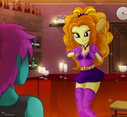 Size: 4450x4133 | Tagged: safe, artist:charliexe, adagio dazzle, oc, oc:protein shake, comic:we will be adored, comic:we will be adored part 16, equestria girls, g4, adagio gonna get ya, alcohol, bar, baseball bat, beer, bottle, clothes, duo, female, femdom, gem, glass, imminent violence, interpretation, intimidating, male, malesub, show accurate, siren gem, skirt, socks, submissive, thigh highs, wine, wine bottle, wine glass