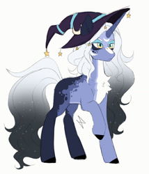 Size: 1280x1497 | Tagged: safe, artist:void-sommar, oc, oc only, pony, unicorn, coat markings, ethereal mane, hat, magical lesbian spawn, offspring, parent:princess luna, parent:trixie, parents:luxie, simple background, solo, starry mane, white background, wizard hat, yellow eyes