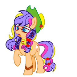Size: 1148x1148 | Tagged: artist needed, safe, oc, oc only, earth pony, pony, 2022 community collab, derpibooru community collaboration, earth pony oc, full body, glasses, hat, hooves, multicolored mane, multicolored tail, open mouth, raised hoof, simple background, solo, standing, tail, transparent background