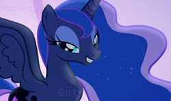 Size: 283x168 | Tagged: safe, artist:mockingbirb, edit, edited screencap, screencap, princess luna, rarity, g4, alternate universe, body swap, fanfic, fanfic art, fanfic cover, flirting, half-lidded eyes, mad science, smiling