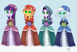 Size: 3564x2422 | Tagged: safe, artist:bageloftime, starlight glimmer, sunset shimmer, trixie, twilight sparkle, equestria girls, g4, clothes, dress, gown, high res, hypnosis, hypnotized, long dress, long skirt, skirt, snow, snowfall, swirly eyes, twilight sparkle (alicorn)