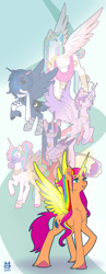 Size: 1024x2651 | Tagged: safe, artist:cckittycreative, princess cadance, princess celestia, princess flurry heart, princess luna, sunny starscout, twilight sparkle, alicorn, earth pony, pony, g4, g5, my little pony: a new generation, alicorn pentarchy, alicornified, artificial horn, artificial wings, augmented, clothes, ear piercing, glasses, hoof boots, horn, horn jewelry, jewelry, laurel wreath, magic, magic horn, magic wings, mane stripe sunny, necklace, piercing, race swap, scarf, sunnycorn, tiara, toga, translucent, twilight sparkle (alicorn), unshorn fetlocks, veil, watch, wings