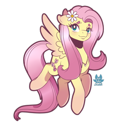 Size: 1500x1500 | Tagged: safe, artist:cckittycreative, fluttershy, pegasus, pony, g4, blushing, cute, daisy (flower), female, floppy ears, flower, flower in hair, jewelry, mare, necklace, outline, shyabetes, simple background, solo, spread wings, three quarter view, transparent background, wings