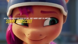 Size: 720x405 | Tagged: safe, edit, edited screencap, screencap, sunny starscout, earth pony, pony, g5, my little pony: a new generation, spoiler:my little pony: a new generation, female, helmet, implied hitch trailblazer, mare, play of the game, solo