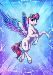 Size: 3508x4961 | Tagged: safe, artist:lupiarts, zipp storm, pegasus, pony, g5, my little pony: a new generation, absurd resolution, chest fluff, colored wings, cute, digital art, drawing, female, flying, looking at you, multicolored wings, poster, smiling, solo, spread wings, wings