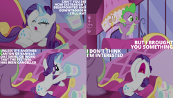 Size: 1280x720 | Tagged: safe, edit, edited screencap, editor:quoterific, screencap, rarity, spike, dragon, pony, unicorn, g4, inspiration manifestation, season 4, alliteration, carousel boutique, couch, crying, eyes closed, female, food, ice cream, magic, male, mare, marshmelodrama, nose in the air, open mouth, open smile, rarity being rarity, smiling, spoon, telekinesis