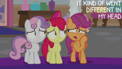 Size: 1280x720 | Tagged: safe, edit, edited screencap, editor:quoterific, screencap, apple bloom, scootaloo, sweetie belle, earth pony, pegasus, pony, unicorn, g4, marks for effort, season 8, apple bloom's bow, bow, cutie mark crusaders, female, filly, foal, hair bow, open mouth, school of friendship, shrunken pupils
