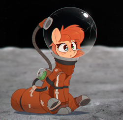 Size: 1304x1272 | Tagged: safe, artist:rexyseven, oc, oc only, oc:rusty gears, earth pony, pony, cracked, female, heterochromia, imminent death, mare, moon, sitting, solo, spacesuit