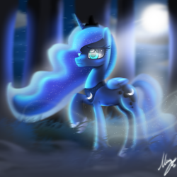 Size: 2300x2300 | Tagged: safe, artist:opal_radiance, princess luna, alicorn, pony, g4, 2020, crown, ethereal mane, eyelashes, female, full moon, high res, jewelry, mare, moon, moonlight, night, raised hoof, regalia, signature, starry mane, stars, tiara