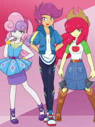 Size: 1668x2224 | Tagged: safe, artist:batipin, apple bloom, scootaloo, sweetie belle, equestria girls, g4, my little pony equestria girls: better together, adorabloom, axe, clothes, clothes swap, converse, cute, cutealoo, cutie mark crusaders, diasweetes, female, leggings, rarity peplum dress, shoes, sneakers, trio, trio female, weapon